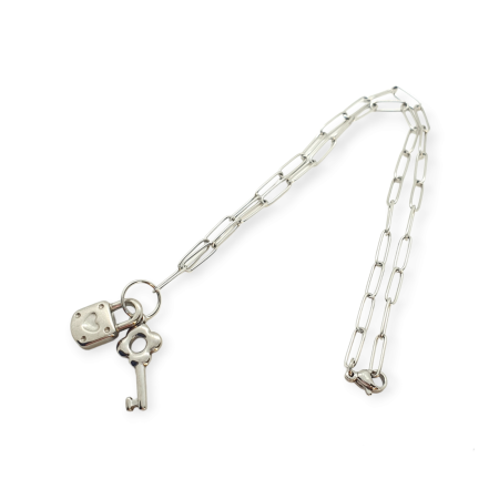 necklace silver steel chain paperclip key locker1